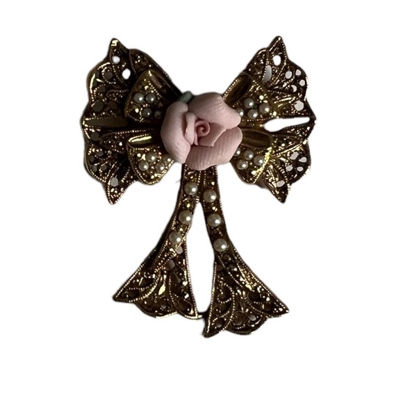 Vintage Antique Jewelry 1928 Romantic Rose adenine Bow Pin Brooch - Picture 1 of 7